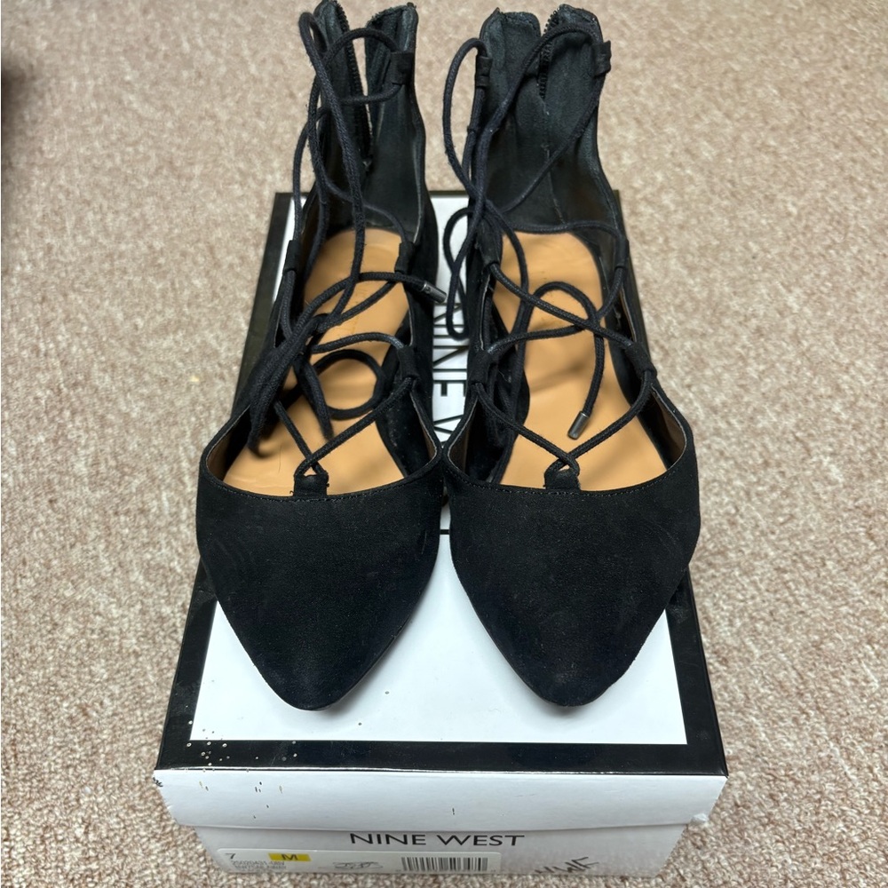 Nine West Black Suede Pointed-Toe Lace-Up Flats